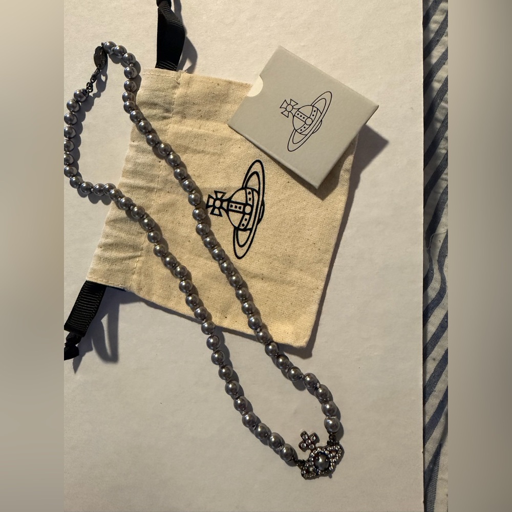Olympia Vivienne Westwood Metallic Bead pearls with gunmetal Necklace